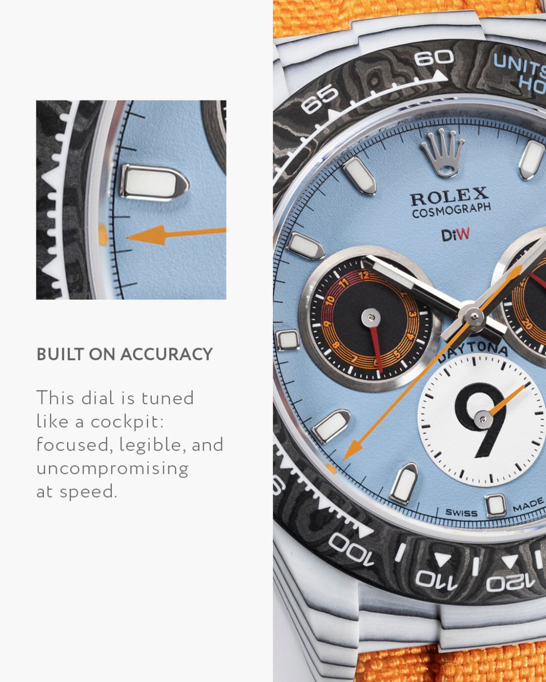 MOTORSPORT Inspired Rolex Daytona DiW CarboQuartz 獨一無二賽車運動靈感 勞力士DiW 石英纖維地通拿 | WORLDTIMER